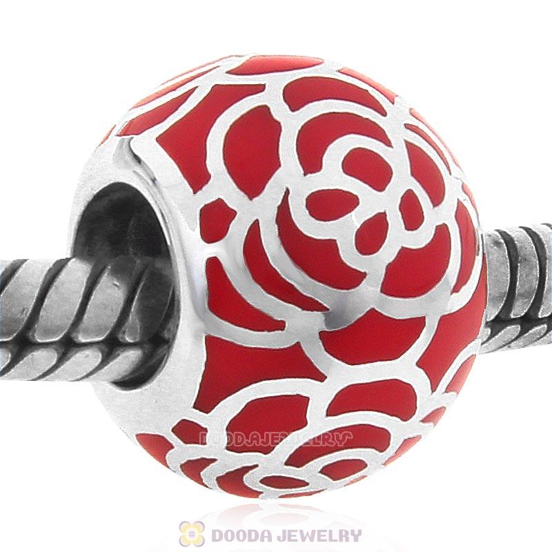 925 Sterling Silver Red Enamel Flower Charm Bead