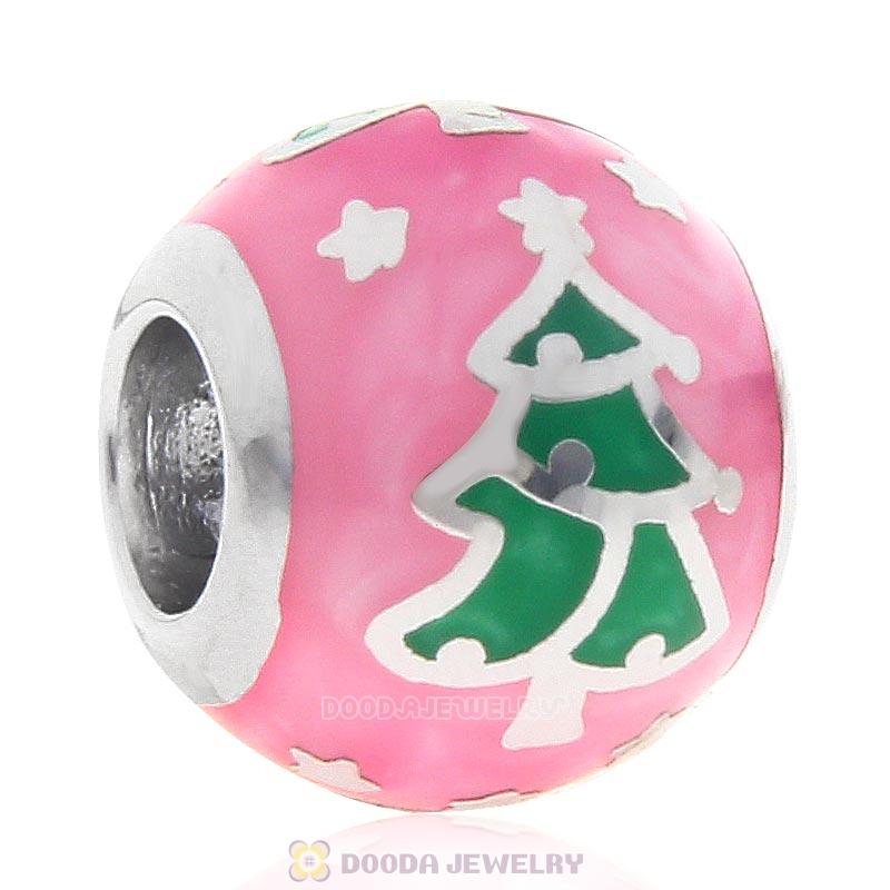 925 Sterling Silver Xmas Tree Bead with Pink Enamel