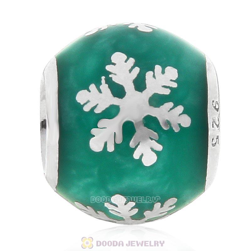 925 Sterling Silver Xmas Frozen Snowflake Bead with Green Enamel