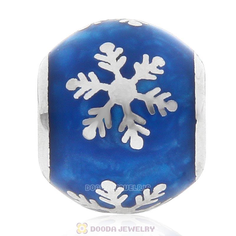 925 Sterling Silver Xmas Snowflake Bead with Blue Enamel