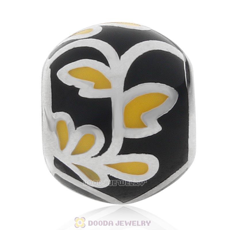 925 Sterling Silver Black Enamel Leave Charm Bead