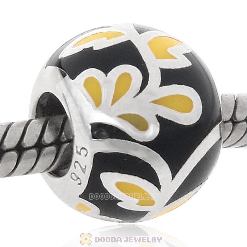 925 Sterling Silver Black Enamel Leave Charm Bead
