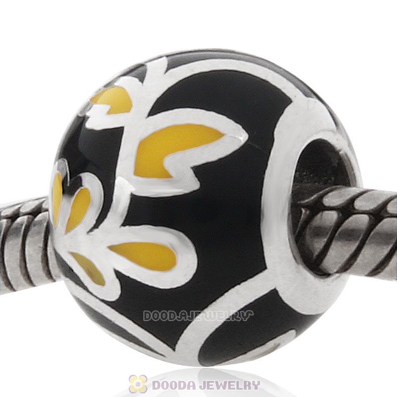 925 Sterling Silver Black Enamel Leave Charm Bead