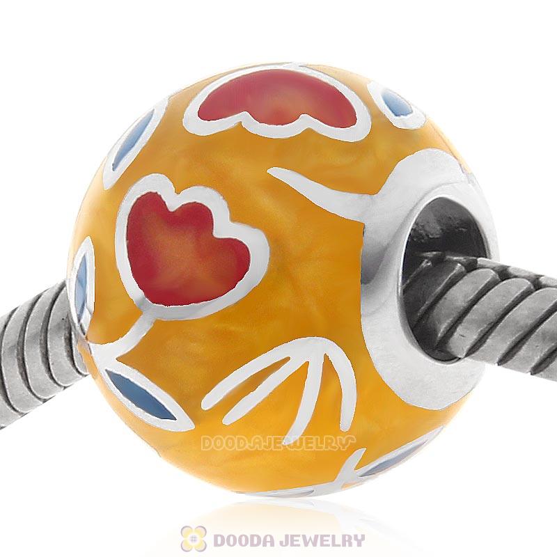 925 Sterling Silver Tulip Enamel Charm Round Ball Bead