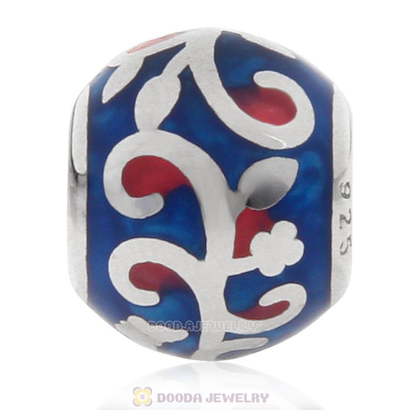 925 Sterling Silver European Style Swirl Blue Enamel Bead
