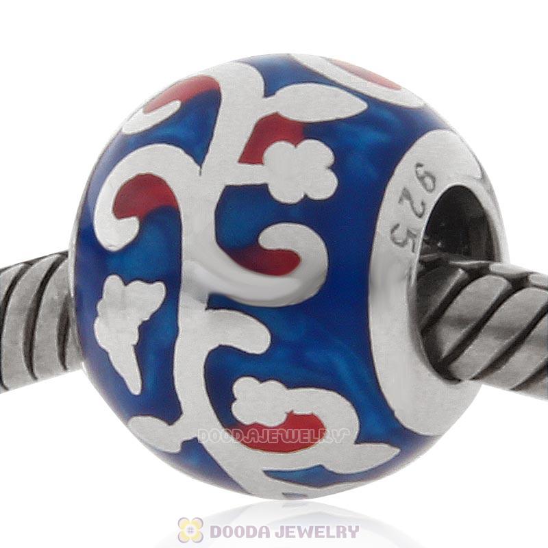 925 Sterling Silver European Style Swirl Blue Enamel Bead