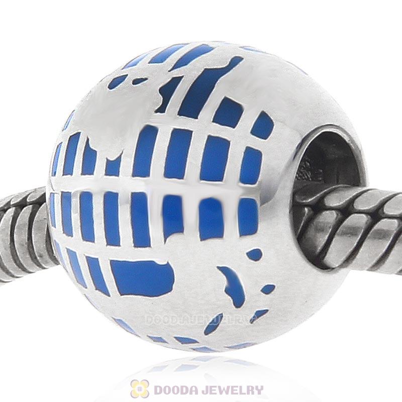 925 Sterling Silver Blue Enamel Globe Bead