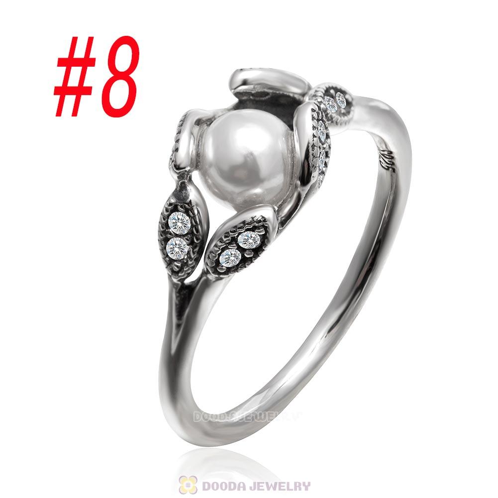 925 Sterling Silver Luminous Leaves Ring with Clear CZ and White Pearl