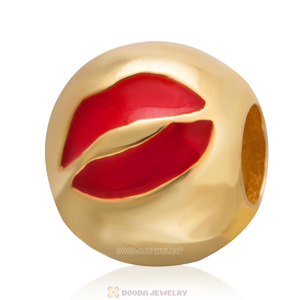 Gold Plated 925 Sterling Silver Emoji Red Lip Face Beads