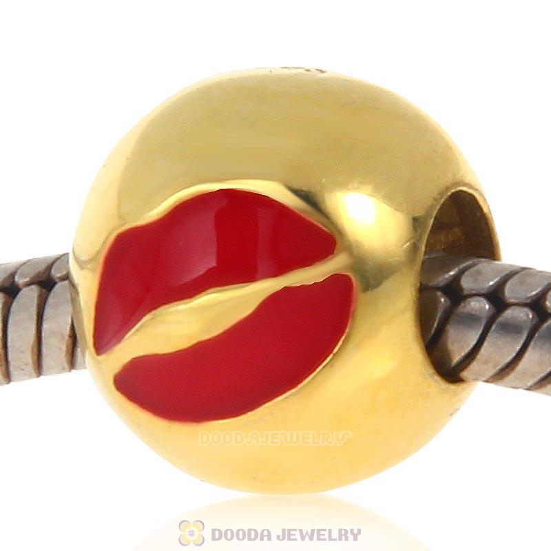 Gold Plated 925 Sterling Silver Emoji Red Lip Face Beads