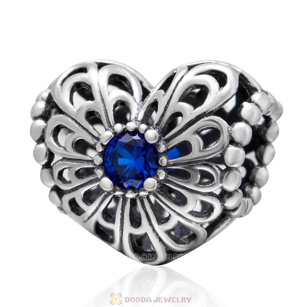 Open Heart Charm Bead with Blue CZ