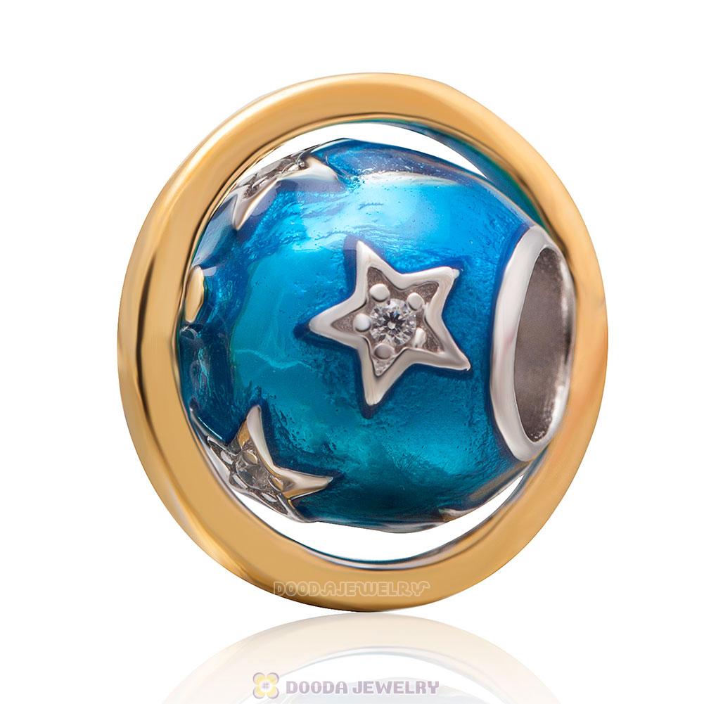 Blue Earth Enamel Charm Bead with Gold Plated