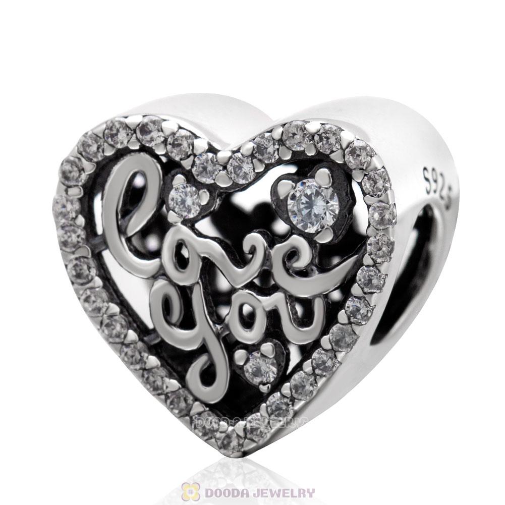 Love You Heart Charm Beads Clear CZ