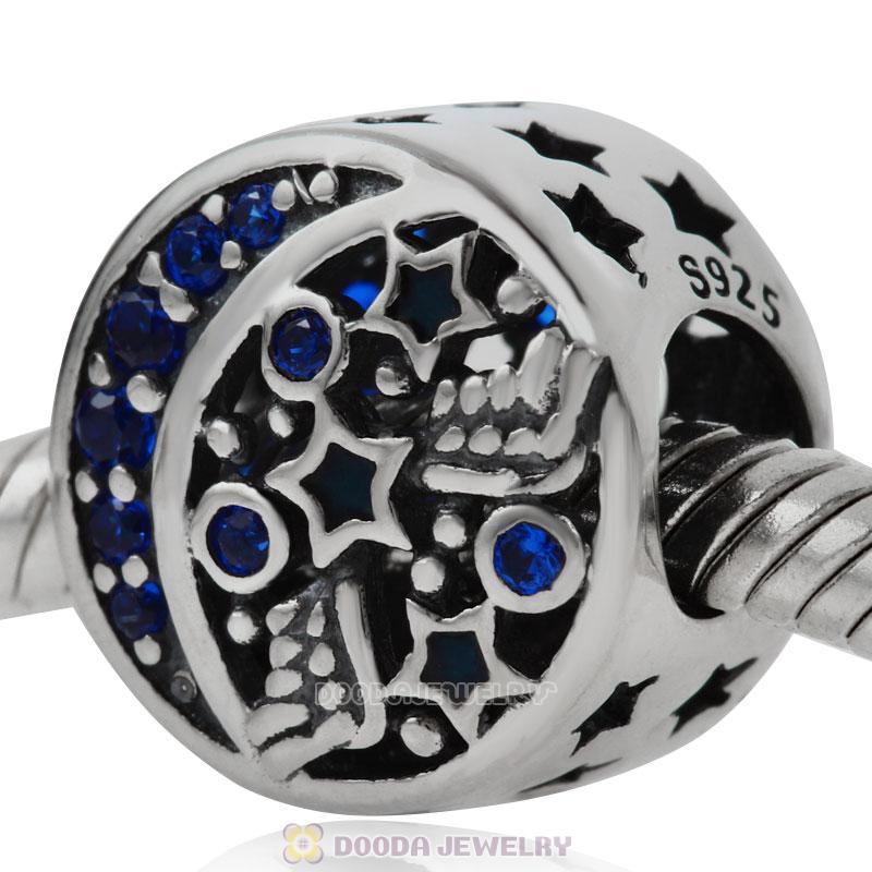 Moon and Stars Charm Bead with Blue CZ