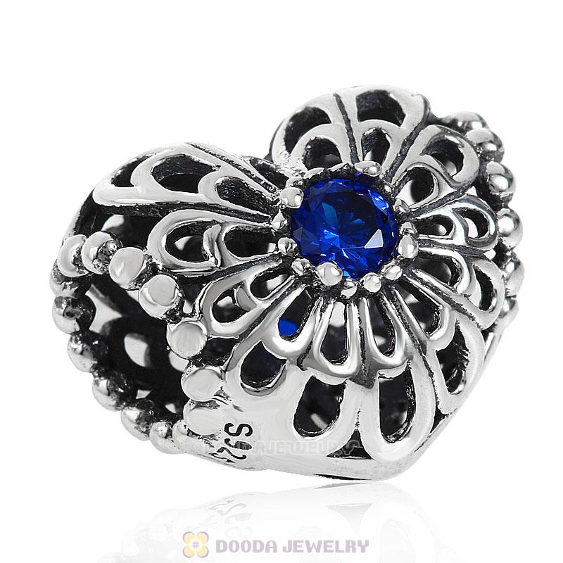 Open Heart Charm Bead with Blue CZ