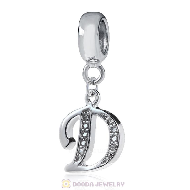 925 Sterling Silver Dangle Letter D Beads with CZ Stone