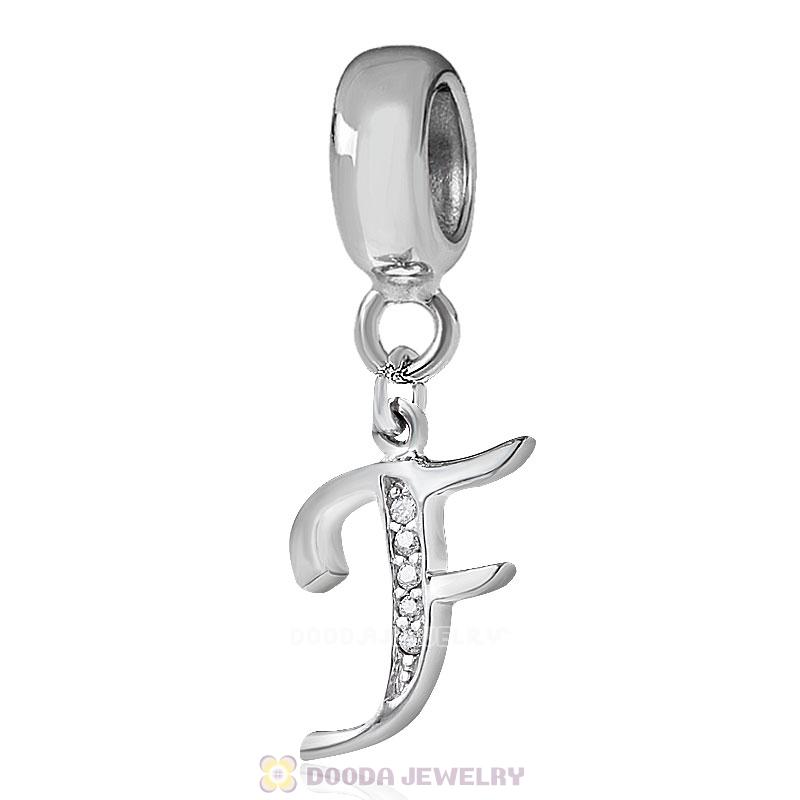 925 Sterling Silver Dangle Letter F Beads with CZ Stone