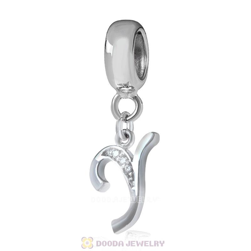 925 Sterling Silver Dangle Letter Y Beads with CZ Stone