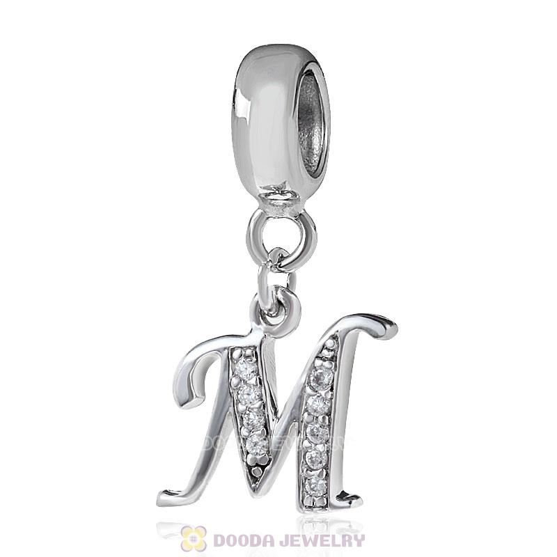 925 Sterling Silver Dangle Letter M Beads with CZ Stone