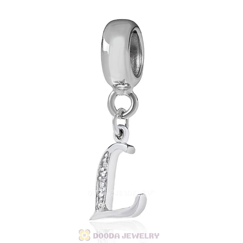 925 Sterling Silver Dangle Letter L Beads with CZ Stone