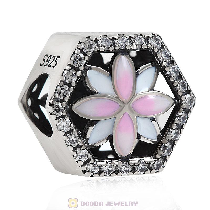 Pink Enamel Flower Charm Bead with Clear CZ