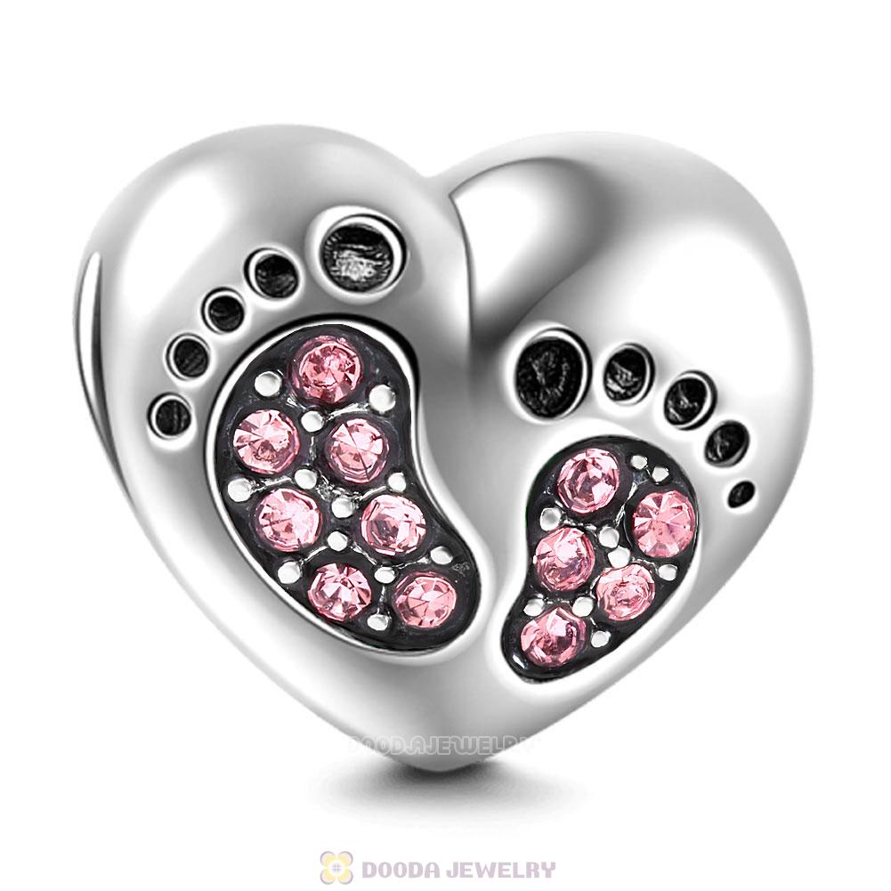 Baby Footprint Heart Charm Pink Crystal