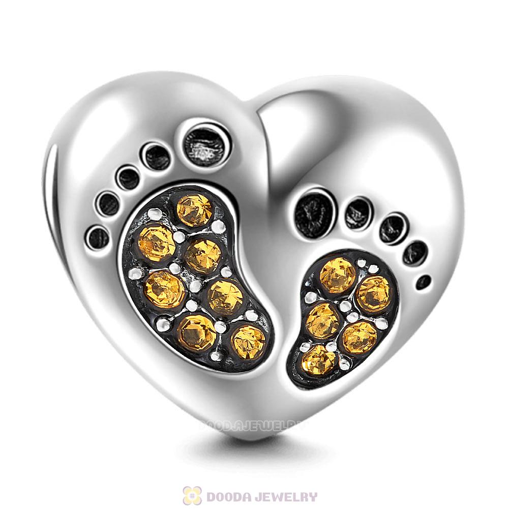 Baby Footprint Heart Charm Topaz Crystal