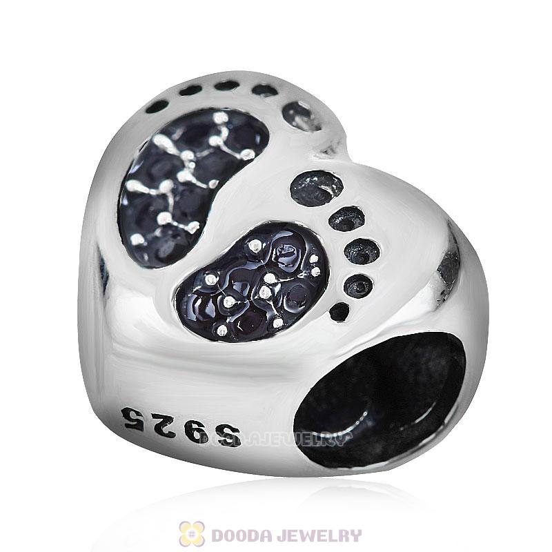Baby Footprint Heart Charm Jet Crystal