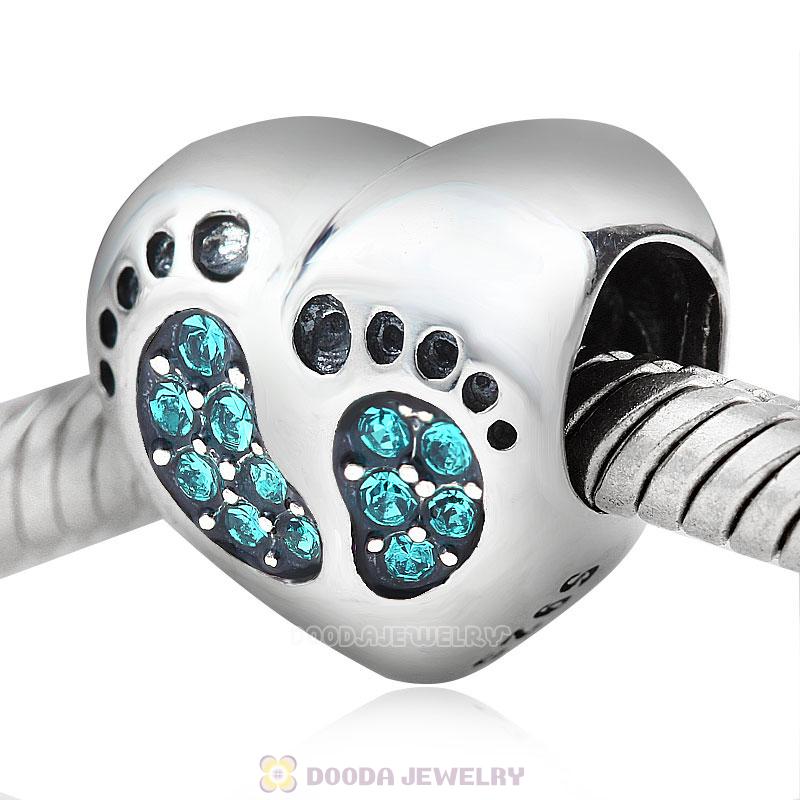 Baby Footprint Heart Charm Blue Zircon Crystal