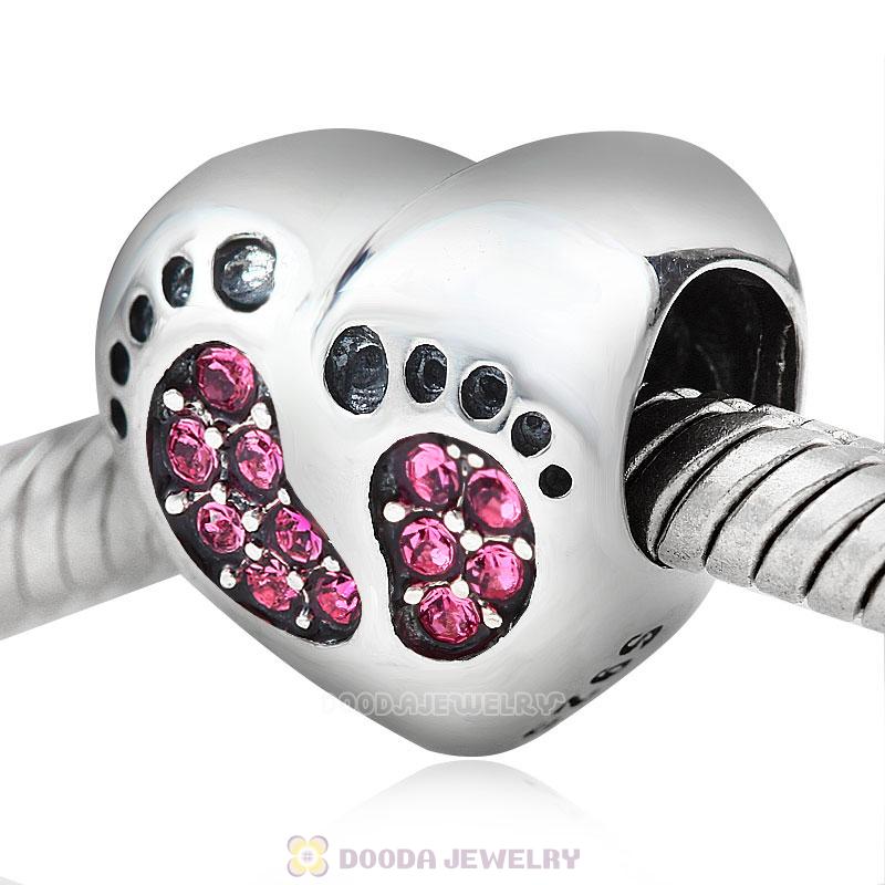 Baby Footprint Heart Charm Rose Crystal