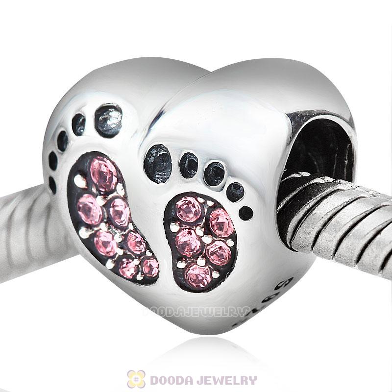 Baby Footprint Heart Charm Pink Crystal