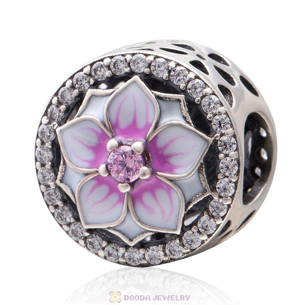 Magnolia flower Charm with Pink Cubic Zirconia