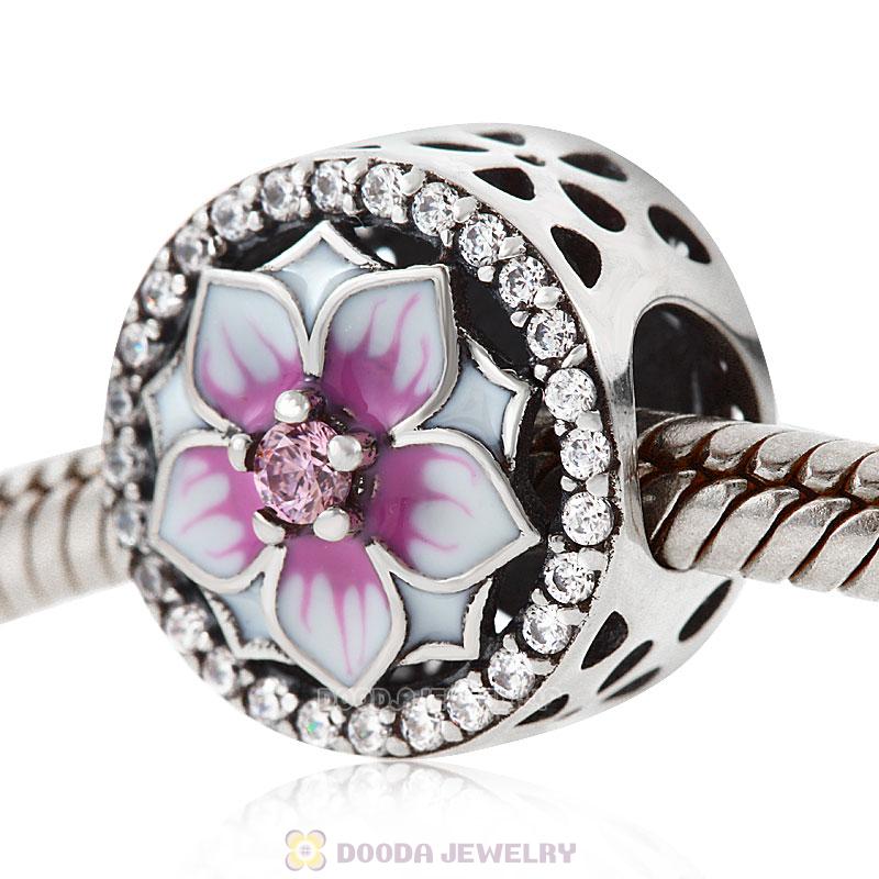 Magnolia flower Charm with Pink Cubic Zirconia