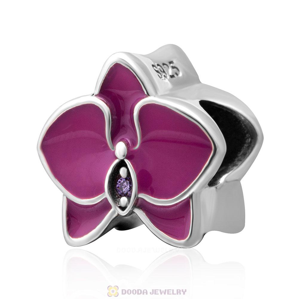 925 Sterling Silver Orchid with Purple CZ Charm