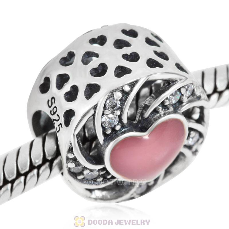 Ribbon Heart Charm Pink Enamel and Clear CZ