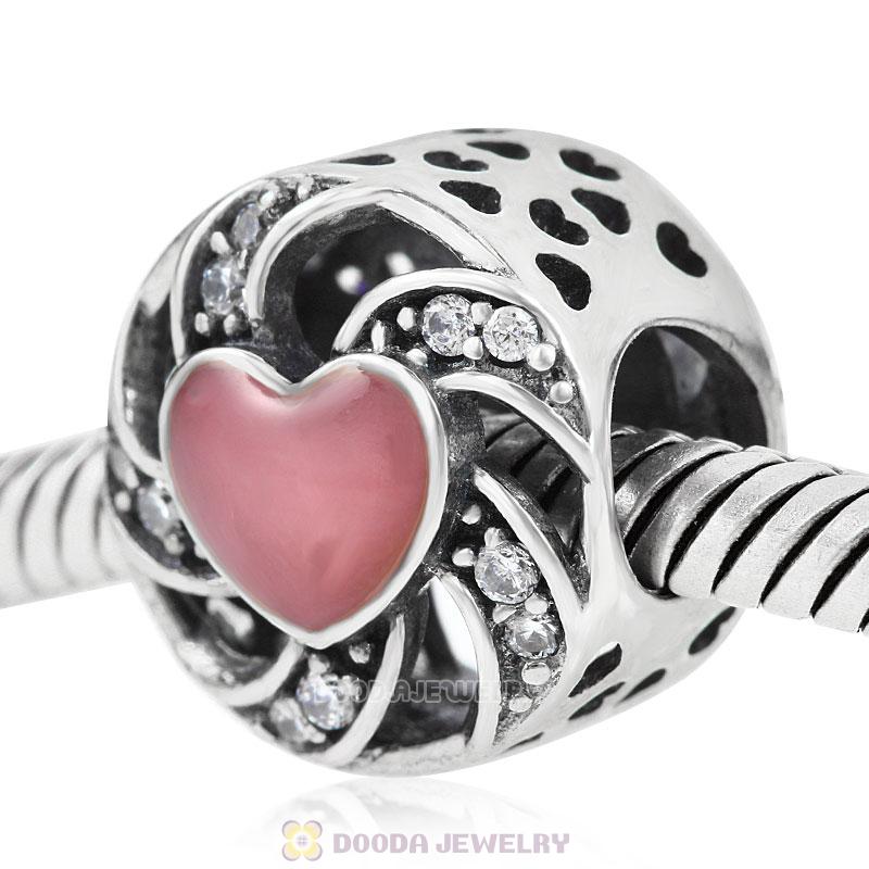 Ribbon Heart Charm Pink Enamel and Clear CZ