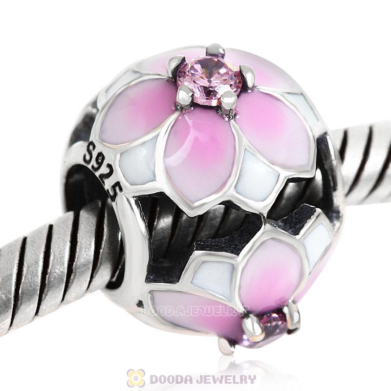 Magnolia flower Charm with Pink Cubic Zirconia