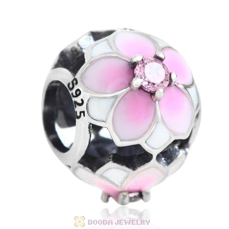 Magnolia flower Charm with Pink Cubic Zirconia
