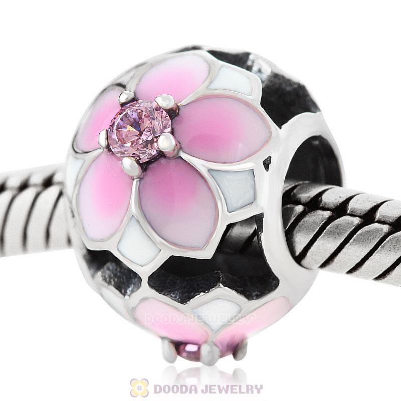 Magnolia flower Charm with Pink Cubic Zirconia