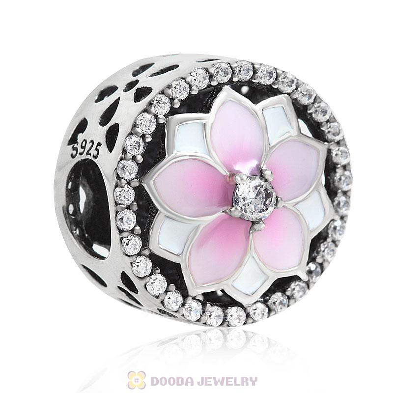 Magnolia flower Charm with Clear Cubic Zirconia