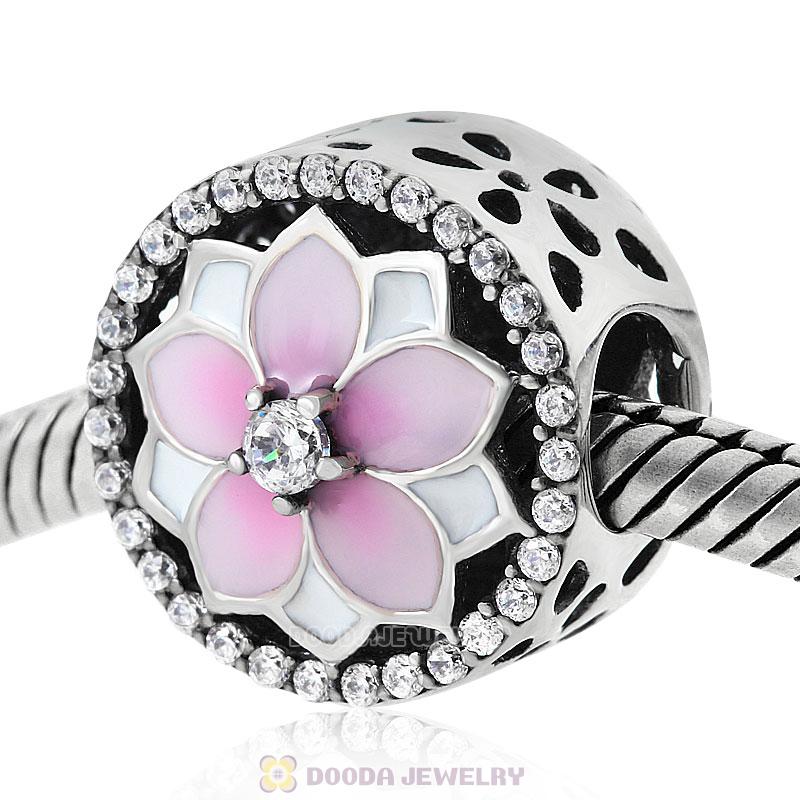 Magnolia flower Charm with Clear Cubic Zirconia