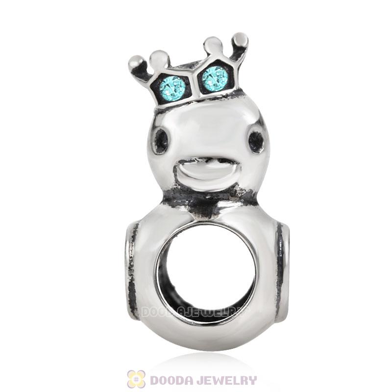 Pleasing Duck Crown Aquamarine Crystal Charm 925 Sterling Silver 