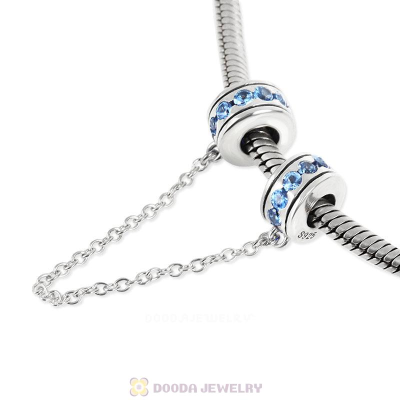 925 Sterling Silver Light Sapphire CZ Safety Chain with Screw 