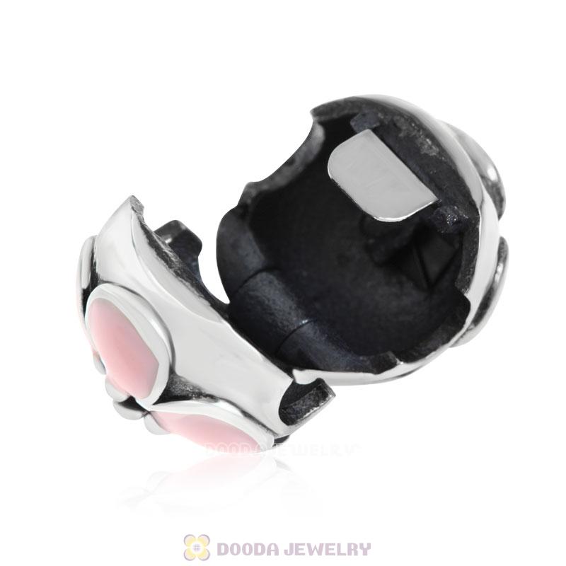 925 Sterling Silver European Cherry Blossom Pink Enamel Clip Beads 