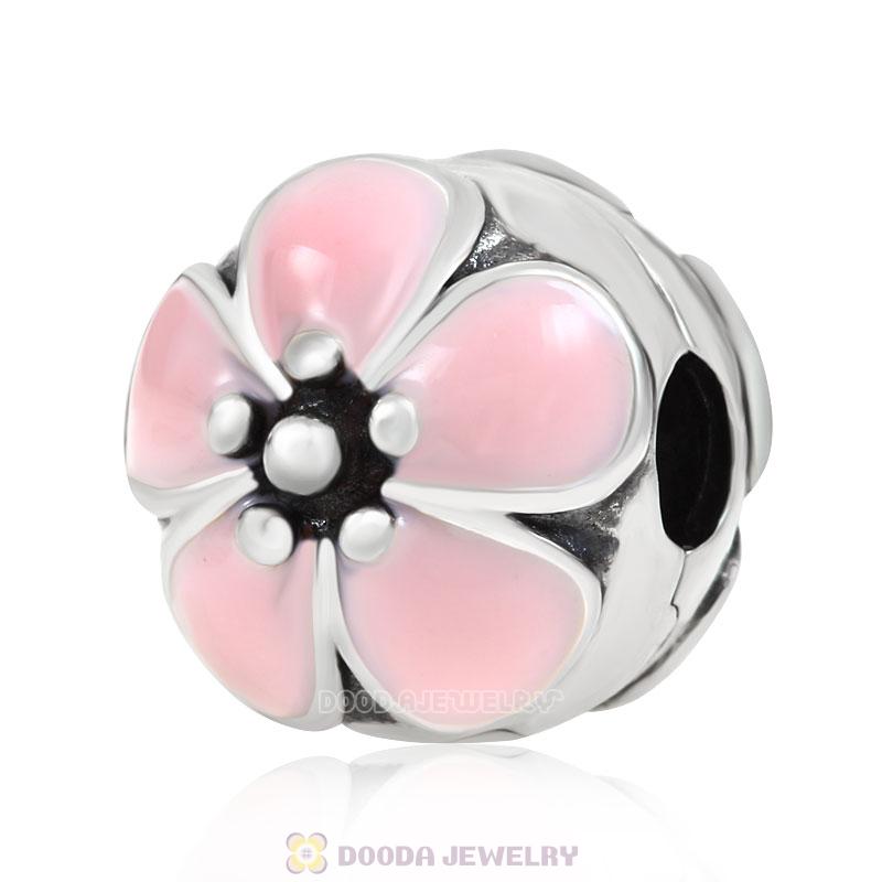 925 Sterling Silver European Cherry Blossom Pink Enamel Clip Beads 