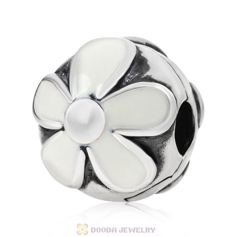 925 Sterling Silver European Darling Daisies White Enamel Clip Beads 