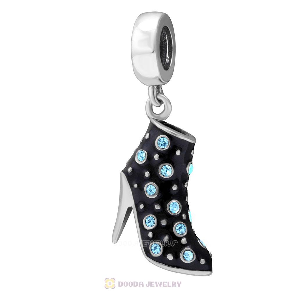 Black High Heel Dangle Charms with Aquamarine Austrian Crystal