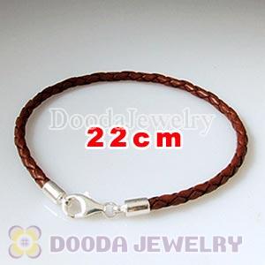 22cm Brown Braided Leather Bracelet with Sterling Lobster Clasp