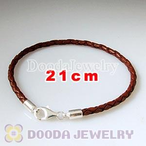 21cm Brown Braided Leather Bracelet with Sterling Lobster Clasp