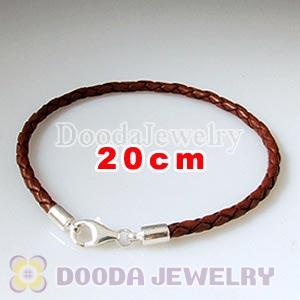 20cm Brown Braided Leather Bracelet with Sterling Lobster Clasp